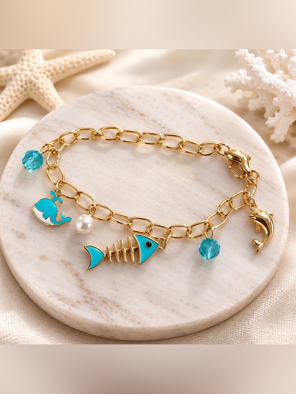 Linda New York NWT Gold-tone Bracelet with Blue Enamel Fish & Pearl Charm